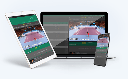 Eine Tennis Live Wette mit Live Stream die auf einem Laptop, Tablet und einem Smartphone angezeigt wird.