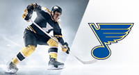 Ein Eishockeyspieler und das Logo der St. Louis Blues.