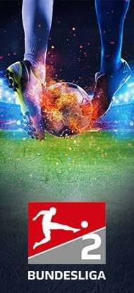 Zweikampf zwischen zwei Fußballspielern und das Logo der 2. Bundesliga.