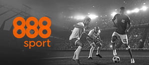 Ein Zweikampf in einem Fußballspiel und das Logo von 888sport.