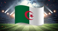 Die Flagge von Algerien und im Hintergrund ein Stadion.