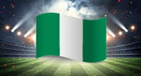 Die Flagge von Nigeria und im Hintergrund ein Stadion.