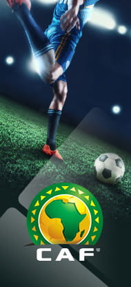 Ein Fußballspieler und das Logo vom Afrika Cup.