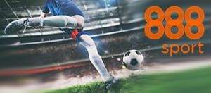 Szene aus einem Fußballspiel und das Logo von 888sport.