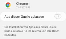Die Anzeige für das Risiko der Installation aus unbekannten Quellen.