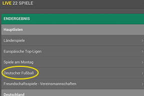Jetzt müssen Sie den Wettmarkt beziehungsweise Liga auswählen