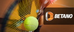 Ein Tennisball sowie ein Schläger und das Logo von Betano.
