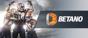 Eine Szene aus einer American Football Partie und das Logo von Betano.