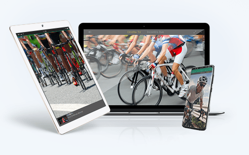 Ein Laptop, ein Tablet und ein Smartphone mit Live Streams vom Radsport.