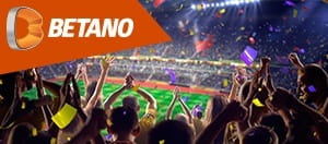 Ein Fußballspieler und das Logo von Betano.