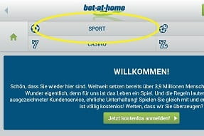 Klickt auf der bet-at-home App Startseite zunächst auf Sport