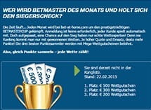 Die Erklärung des Gewinnspiels "Betmastercup", die Übersicht über die Preise und ein Pokal mit Wettgutscheinen.