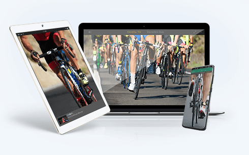 Ein Laptop, ein Tablet und ein Smartphone mit Live Streams vom Radsport.