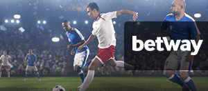 Eine Szene aus einem Fußballspiel und das Logo von Betway.