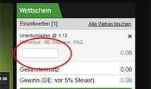 Den Einsatz für Einzel oder Kombiwetten entragen