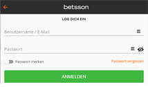 Die Anmeldemaske von Betsson mit den Feldern Benutzername und Passwort.