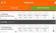 Ein Auszug aus dem Wettprogramm zur Bundesliga auf der Mobile App von Betsson.