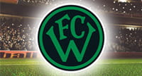 Das Logo von Wacker Innsbruck und im Hintergrund ein Stadion.
