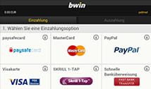 Übersicht über die verschiedenen Einzahlungsoptionen auf der Seite von bwin.