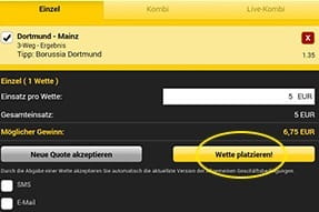 Der Wettschein wird durch ein Klick auf Wette platzieren abgegeben