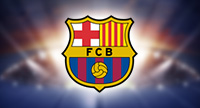 Das Logo von Barcelona und im Hintergrund ein Stadion.