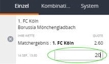 Die Eingabe des Wetteinsatzes bei Betsson.