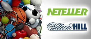 Die Logos von Neteller und William Hill und verschiedene Sportgeräte.