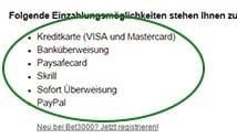 Übersicht über die Einzahlungsmöglichkeiten bei Bet3000.