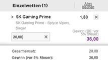 Eine ausgewählte Wette auf Gaming Prime zur Quote von 1,8 mit einer Einsatzeingabe von 20€.
