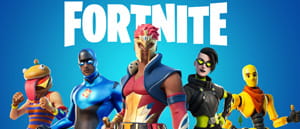 Das Logo von Fortnite und eine Szene aus dem Spiel.