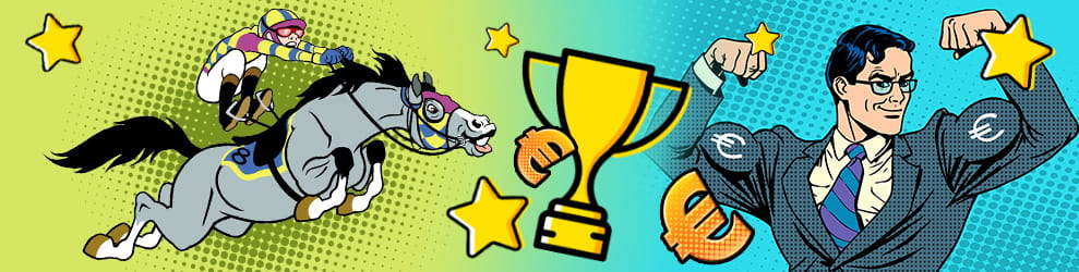 Ein Mann, der sich über seinen Wettgewinn beim Pferderennen freut, ein Pokal und ein Jockey auf einem Pferd.