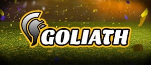 Das Logo der Goliath Wette und im Hintergrund ein Fußballplatz.