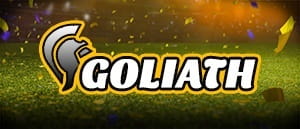 Das Logo der Goliath Wette und im Hintergrund ein Fußballplatz.