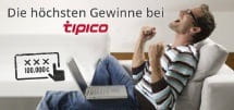 Eine jubelnde Person mit Laptop auf der Couch und den Hinweis auf die höchsten Gewinne bei Tipico.