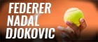 Die Schriftzüge Federer, Nadal und Djokovic und ein Tennisball in einer Hand.