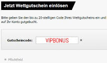 Die Eingabe des Gutscheincodes VIPBONUS auf der Webseite von Interwetten.