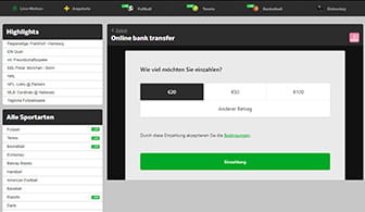 Der Bereich für Einzahlungen auf der Webseite von Betway mit der Auswahl 20€ via Klarna.