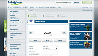 Die Einzahlungsmaske für die VISA Kreditkarte auf der Webseite von bet-at-home.