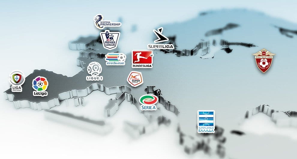 Die Karte von Europa und die Logos der besten Fußball-Ligen des Kontinents.