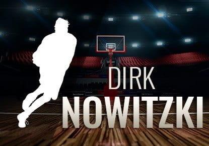 Die Umrisse von Dirk Nowitzki in einer Basketball-Halle.
