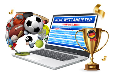 Ein Laptop mit neue Wettanbieter Live Wetten, ein Pokal sowie eine große Anzahl von Sportgeräten.