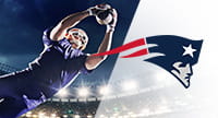 Das Logo der New England Patriots und ein Footballspieler.