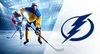 Das Logo der Tampa Bay Lightnings und zwei Eishockeyspieler.