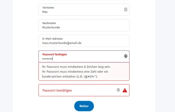 Anmeldeformular von PayPal mit Namen, E-Mail-Adresse und Passwort.