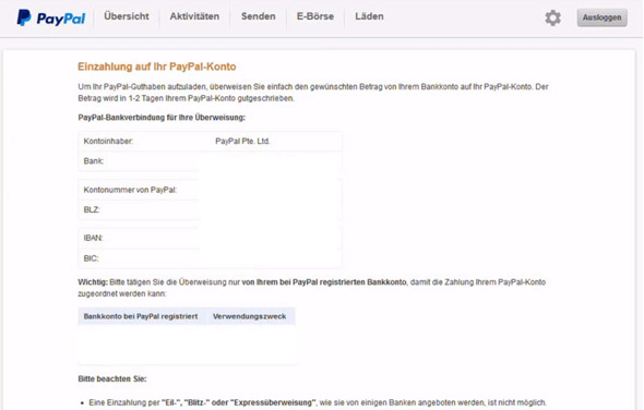 Hinweise zur Einzahlung auf das PayPal Konto.