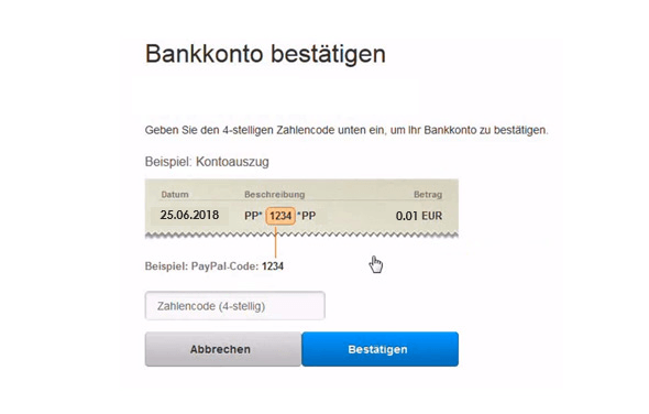 Der Bestätigungsprozess des Bankkontos bei PayPal mit der Eingabe des vierstelligen Zahlencodes.