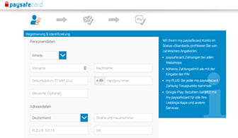 Die Maske für die Registrierung für das Online Konto auf der Seite von paysafecard.