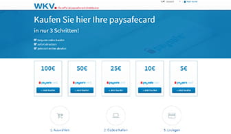 Die verschiedenen paysafecard Werte, die im offiziellen Online Shop von WKV angeboten werden.