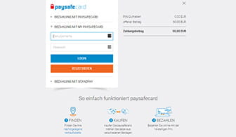 Die Online Bezahlmaske auf der Seite von paysafecard mit einem Zahlungsbetrag von 50€.