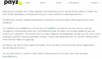 Payz-Informationen auf der Seite von bet365 Sportwetten.